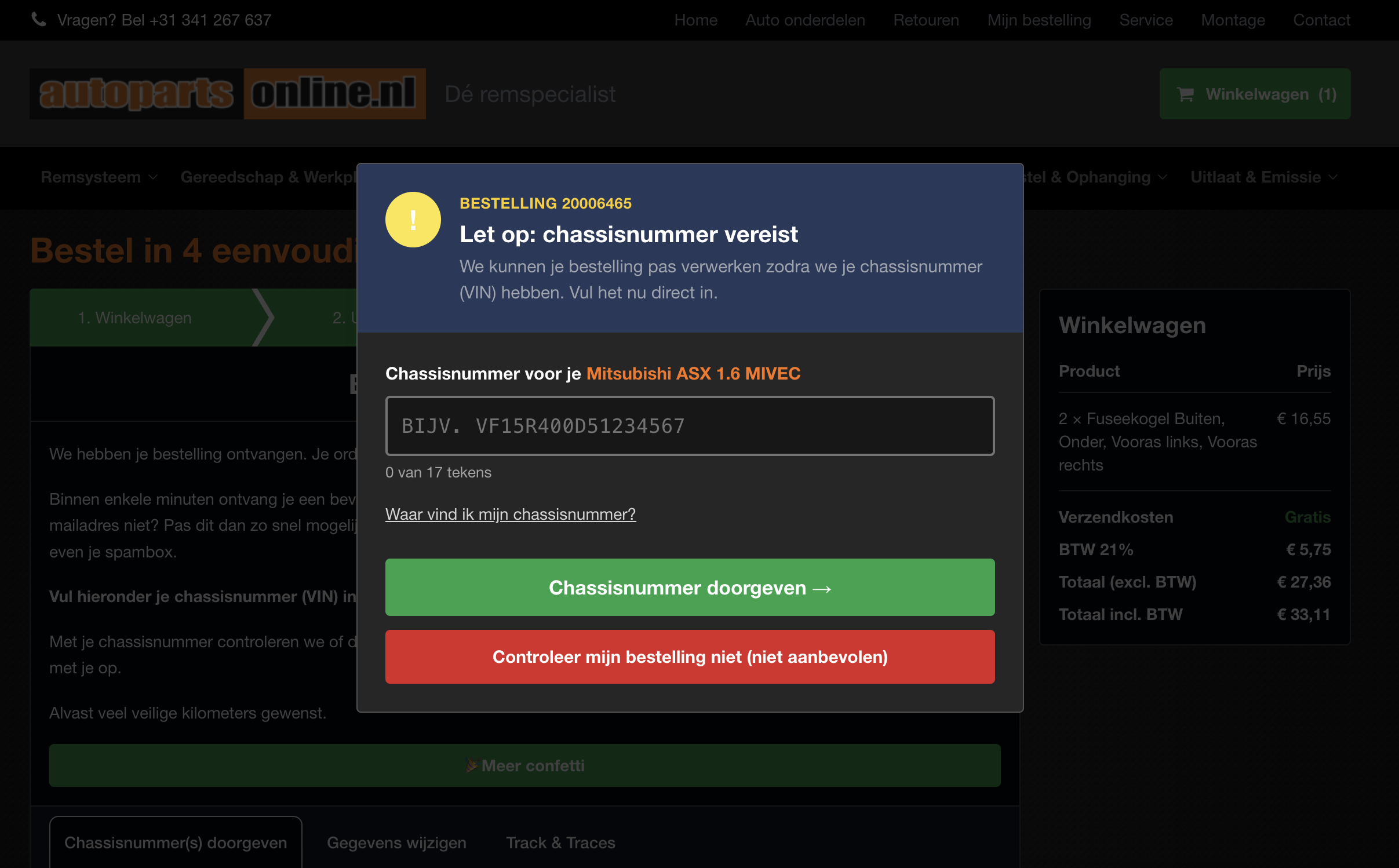 Melding in de bestelling: chassisnummer doorgeven