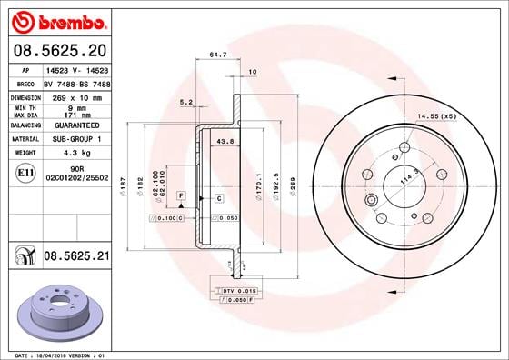 Set (2x) Remschijven achterzijde Brembo premium voor Toyota Camry 3.0