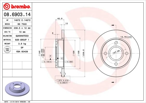 Set (2x) Remschijven voorzijde Brembo premium voor Ford Ka 1.3 I