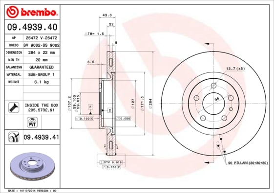 Set (2x) Remschijven voorzijde Brembo premium voor Fiat 500l 1.3 D Multijet