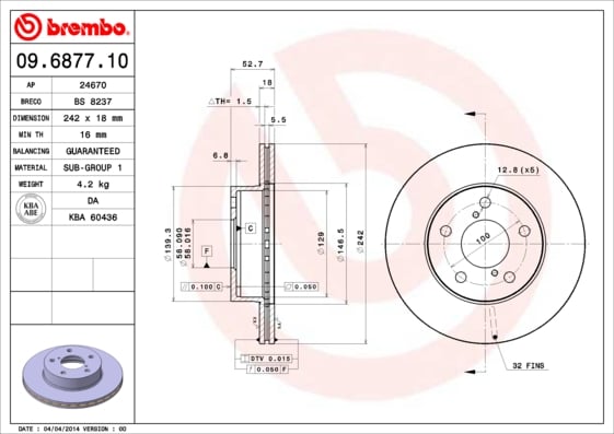 Set (2x) Remschijven voorzijde Brembo premium voor Subaru Impreza Stationwagen 1.6 I Awd