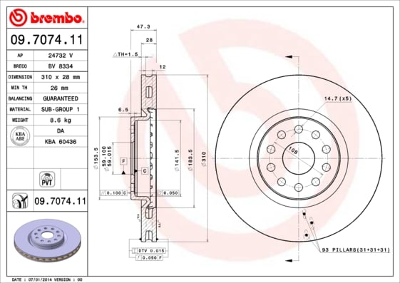 Set (2x) Remschijven voorzijde Brembo premium voor Alfa Romeo 166 2.4 Jtd