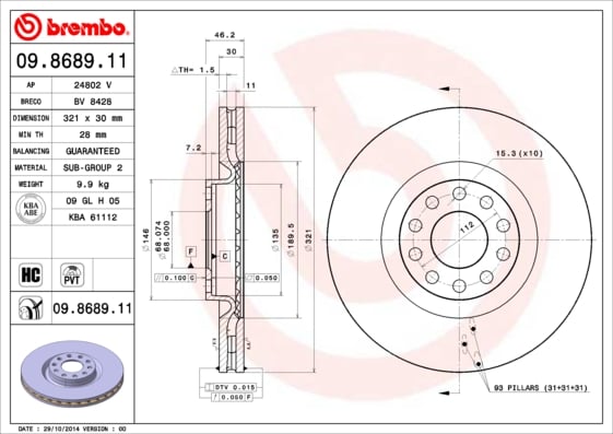 Set (2x) Remschijven voorzijde Brembo premium voor Audi A6 3.0