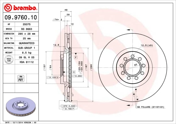 Set (2x) Remschijven voorzijde Brembo premium voor IVeco Daily type 6 Bestelwagen 45c/e, 50c/e