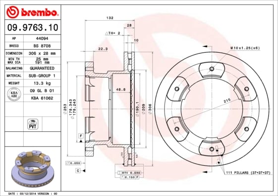 Set (2x) Remschijven achterzijde Brembo premium voor IVeco Daily type 6 Open Laadbak/ Chassis Naturalpower 35s14, 35c14, 40c14, 50c14, 65c14, 70c14,...