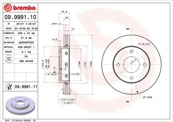 Set (2x) Remschijven voorzijde Brembo premium voor Mitsubishi Colt Czc Cabriolet 1.5 