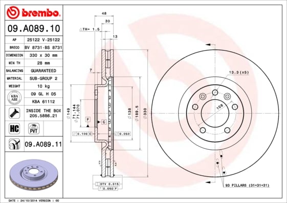 Set (2x) Remschijven voorzijde Brembo premium voor Citroen C5 type 3 2.2 Hdi