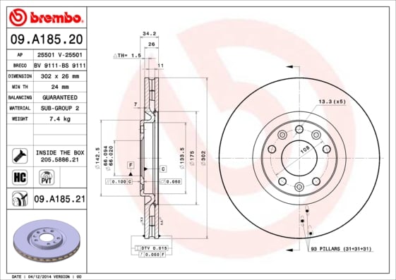 Set (2x) Remschijven voorzijde Brembo premium voor Citroen C4 type 2 1.6 Thp 155