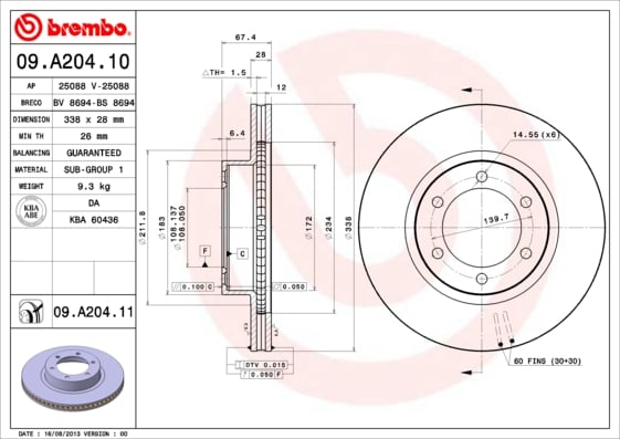 Set (2x) Remschijven voorzijde Brembo premium voor Toyota Land Cruiser 300 3.0 D-4d 
