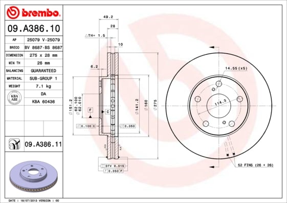 Set (2x) Remschijven voorzijde Brembo premium voor Toyota Camry 2.2 