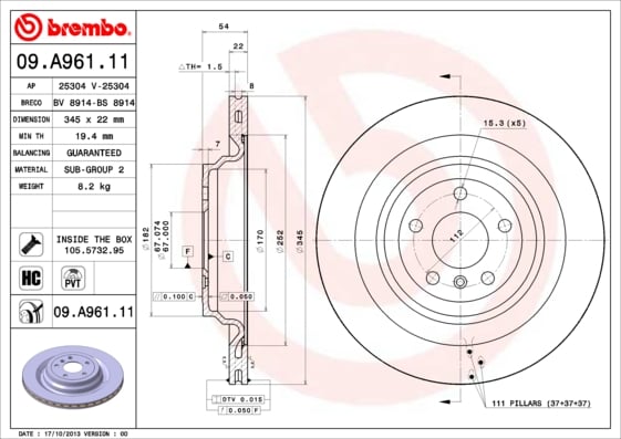 Set (2x) Remschijven achterzijde Brembo premium voor Mercedes-benz M-klasse (w166) Ml 250 Cdi / Bluetec 4-matic (166.004, 166.003)