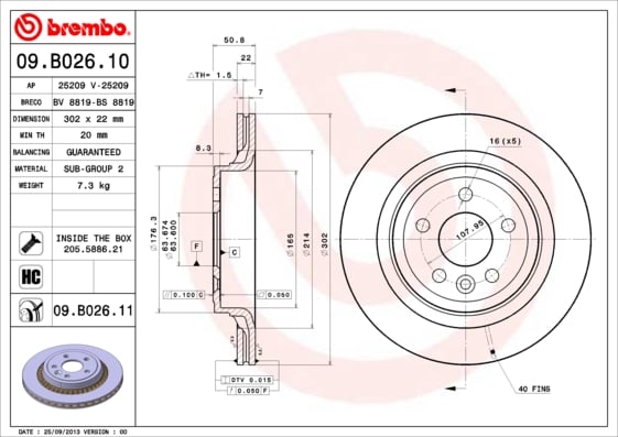 Set (2x) Remschijven achterzijde Brembo premium voor Volvo Xc60 2.4 D / D3 / D4 Awd