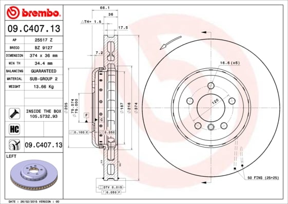 Remschijf voorzijde, links Brembo premium voor Bmw 7 (f01, F02, F03, F04) 750 D Xdrive