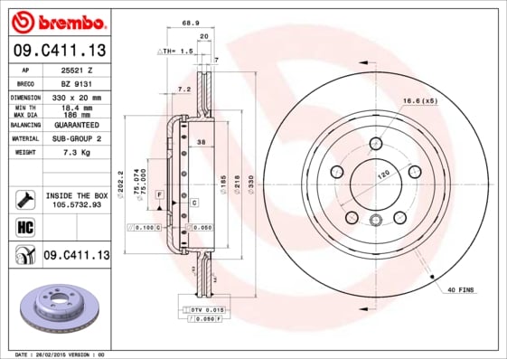 Set (2x) Remschijven achterzijde Brembo premium voor Bmw 5 (f10) 520 D Xdrive