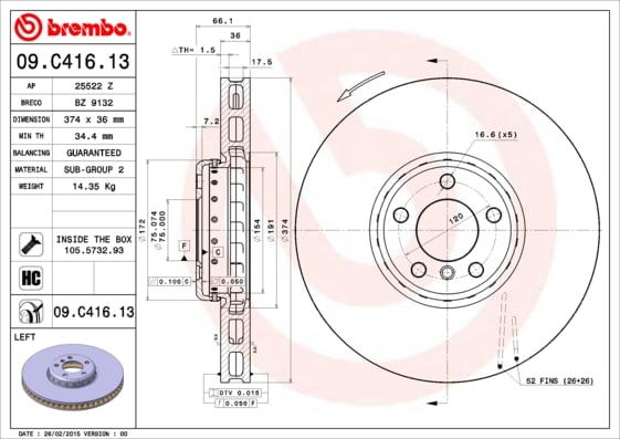 Remschijf voorzijde, links Brembo premium voor Bmw 7 (f01, F02, F03, F04) 760 I