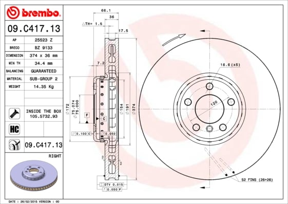 Remschijf voorzijde, rechts Brembo premium voor Bmw 7 (f01, F02, F03, F04) 750 D Xdrive