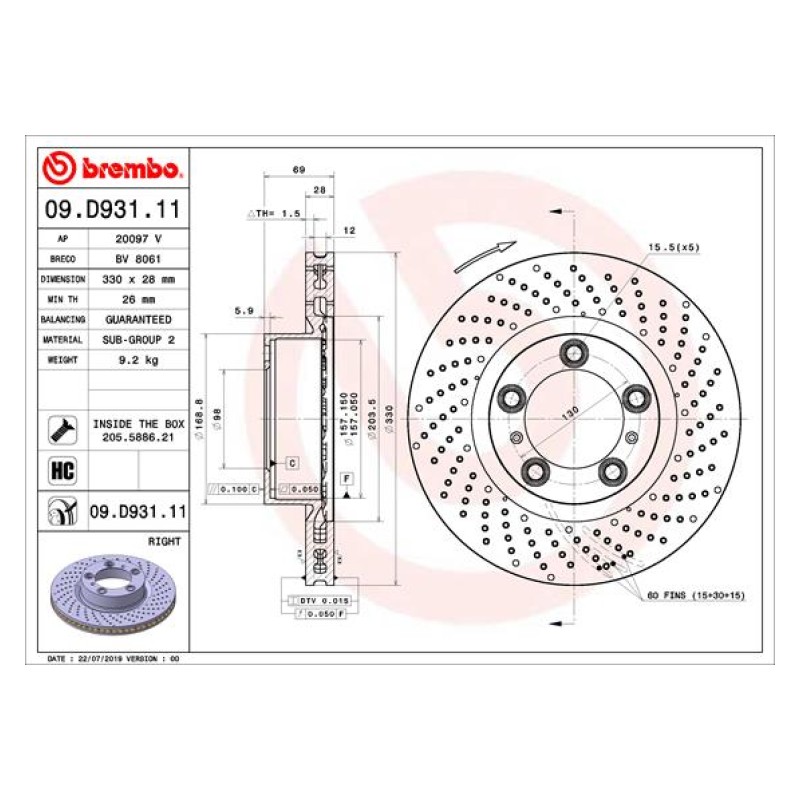 Remschijf Vooras rechts Brembo Premium